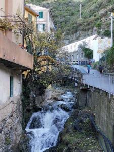 a river with a bridge in a city with buildings at Sentieri Sul Mare in Manarola