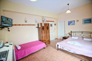 a bedroom with two beds and a tv in it at Ikaria Studios in Manganítis