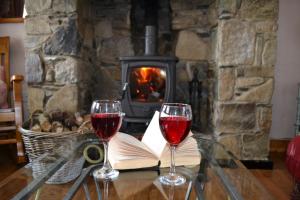 two glasses of wine and a book on a table with a fireplace at Mc Courts Cottage in Hilltown