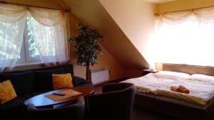 クボヴァ・フチにあるPenzion Pod Boubínemのベッドルーム1室(ベッド1台、ソファ、テーブル付)