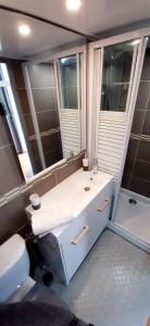 La salle de bains est pourvue d'un lavabo, de toilettes et d'un miroir. dans l'établissement Studio 3 étoiles le 102, Aix les bains centre Thermes Palace le Beau Site, à Aix-les-Bains