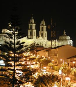 ein Weihnachtsbaum vor einer Kathedrale in der Nacht in der Unterkunft Palace View Mafra in Mafra