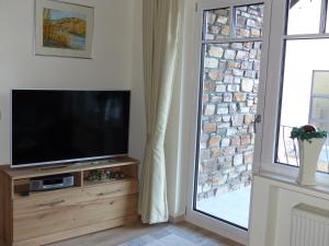 sala de estar con TV de pantalla plana junto a una ventana en Ferien Apartment Melcher, en Zeltingen-Rachtig