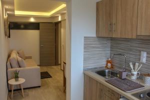 kuchnia ze zlewem i kanapą w pokoju w obiekcie Thea-tro Apartments w mieście Limenas +37 zdjęć