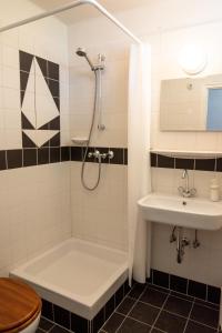a bathroom with a shower and a sink and a toilet at MyRiviéra Apartman in Balatonfüred