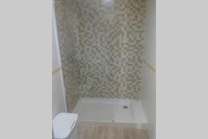 een badkamer met een douche en een wit toilet bij Apartamento Soleado in Tarifa
