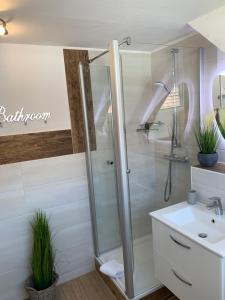 La salle de bains est pourvue d'une douche et d'un lavabo. dans l'établissement Schatzkammer, à Büsum