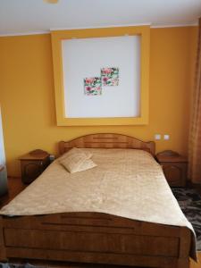 a bed in a bedroom with a picture on the wall at Pensiunea Lucia Ana in Cluj-Napoca