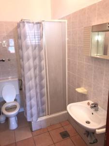 a bathroom with a shower and a toilet and a sink at apartmani radoslovic in Pag