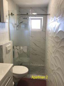 a bathroom with a glass shower with a toilet at Apartment One in Rab