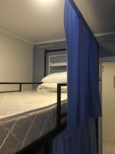 モスクワにあるRussland hostelのベッドルーム1室(青いカーテン付きのベッド1台付)