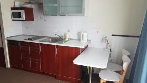 uma pequena cozinha com um lavatório e um micro-ondas em Villa Baltic Chałupy - Apartament nr 1 em Chałupy