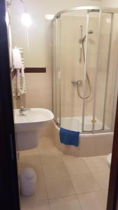 y baño con ducha, lavabo y aseo. en Villa Baltic Chałupy - Apartament nr 1 en Chałupy