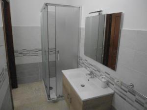 La salle de bains est pourvue d'une douche, d'un lavabo et d'un miroir. dans l'établissement Affittacamere Casa Quisquina, à Santo Stefano Quisquina