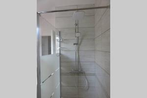 een douche met een glazen deur in de badkamer bij Le gîte du Coche avec vue sur la Marne in Damery