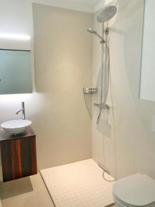 uma casa de banho com um chuveiro, um WC e um lavatório. em Guesthouse Lochergut em Zurique