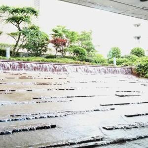 広島市にあるホテル広島ガーデンパレスの木々が茂る公園内の噴水