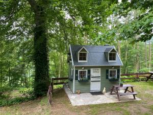 una pequeña casa verde en el bosque con una mesa de picnic en Le Cap Vert, en Rochehaut