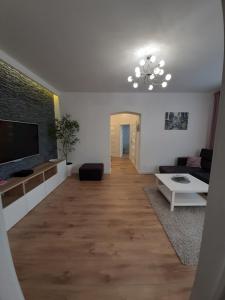 a living room with a couch and a flat screen tv at Apartament Sasanka in Kowary
