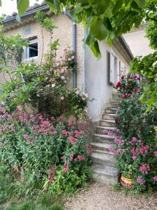 een huis met roze bloemen ervoor bij Petit studio Le Pigeonnier à 5 mn de Lourmarin in Puyvert