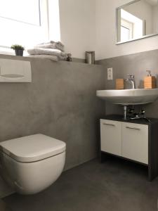 a bathroom with a white toilet and a sink at Ferienwohnung Zenzen in Cochem