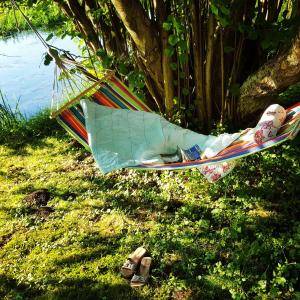 a hammock sitting on the grass next to a tree at Kieler Eiderparadies in Flintbek