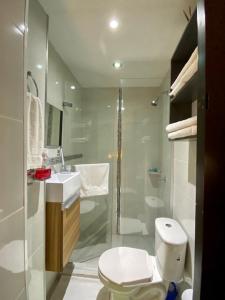 uma casa de banho com um WC, um lavatório e um chuveiro em Apartaestudio El Lugar Ideal Cra. 62 #74-143. em Barranquilla
