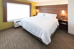 a large bed in a hotel room with a large window at Holiday Inn Express & Suites - North Battleford, an IHG Hotel in North Battleford