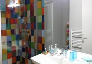 a bathroom with a rainbow colored shower curtain and a sink at Domaine des Pêcheries in Montel-de-Gelat +46 photos