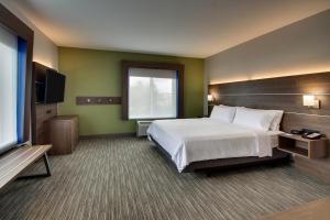 ウォキーガンにあるHoliday Inn Express Hotel & Suites Waukegan/Gurnee, an IHG Hotelのベッド1台、薄型テレビが備わるホテルルームです。