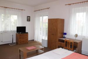 a bedroom with a bed and a desk and a tv at Penzion Bezděkov in Rakovník