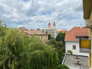 vistas a una ciudad con edificios y árboles en RÉS Apartman, en Eger