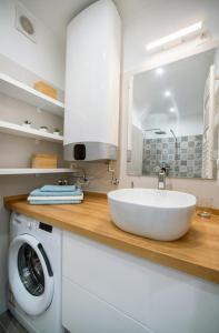a bathroom with a sink and a washing machine at RÉS Apartman in Eger