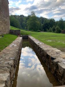 un muro di pietra con una piscina d'acqua accanto a un campo di Abbaye Notre-Dame du Vivier - Le Bief du Vivier a Namur