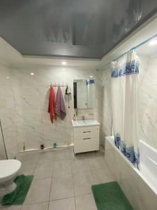 La salle de bains est pourvue d'un lavabo, de toilettes et d'une douche. dans l'établissement Апартаменты новострой улица Замостянская 34 А, à Vinnytsia