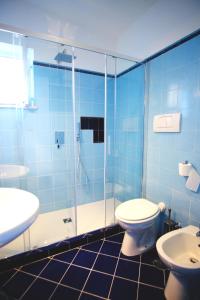 La salle de bains est pourvue d'une douche, de toilettes et d'un lavabo. dans l'établissement Hotel Baia Di Puolo, à Massa Lubrense