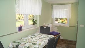 a room with a bed and two windows at Sandsteinperle in Reinhardtsdorf