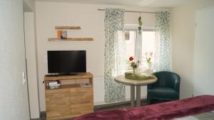 een kamer met een televisie, een tafel en een stoel bij Sandsteinperle in Reinhardtsdorf