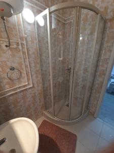 e bagno con doccia, servizi igienici e lavandino. di Apartman Casa Lux a Vrnjačka Banja