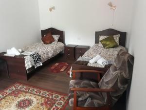 um quarto com duas camas e uma cadeira em у Михайла em Truskavets