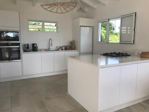 a large white kitchen with white cabinets and appliances at The Grey Houses in Grand-Bourg