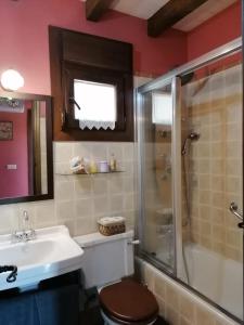 ein Bad mit einer Dusche, einem WC und einem Waschbecken in der Unterkunft Hotel Rural El Marquesito Antigua Casa Carmela in Arenas de San Pedro
