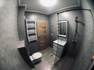 a bathroom with a toilet and a sink and a mirror at Moonlight Apartments in Mamaia +58 photos