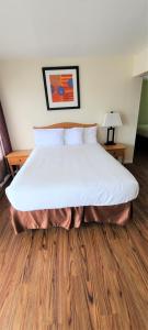 ein großes Bett in einem Zimmer mit Holzboden in der Unterkunft Blue Coast Inn & Suites in Brookings