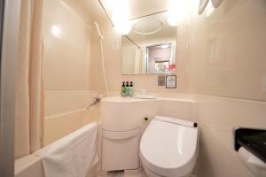 a bathroom with a toilet and a tub and a sink at Hotel New Green in Nagaoka