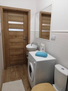 W łazience znajduje się pralka i umywalka. w obiekcie Leśny Apartament II w mieście Szczytno