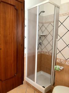 La salle de bains est pourvue d'une douche avec une porte en verre. dans l'établissement Il Casolare degli Alburni, à Castelcivita