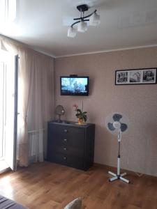 a living room with a ceiling fan and a dresser at Однокімнатна in Shepetivka