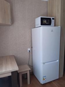 a microwave on top of a white refrigerator at Однокімнатна in Shepetivka