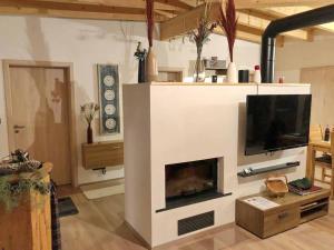 a living room with a fireplace with a flat screen tv at Ferienanlage Klotz in Pleystein